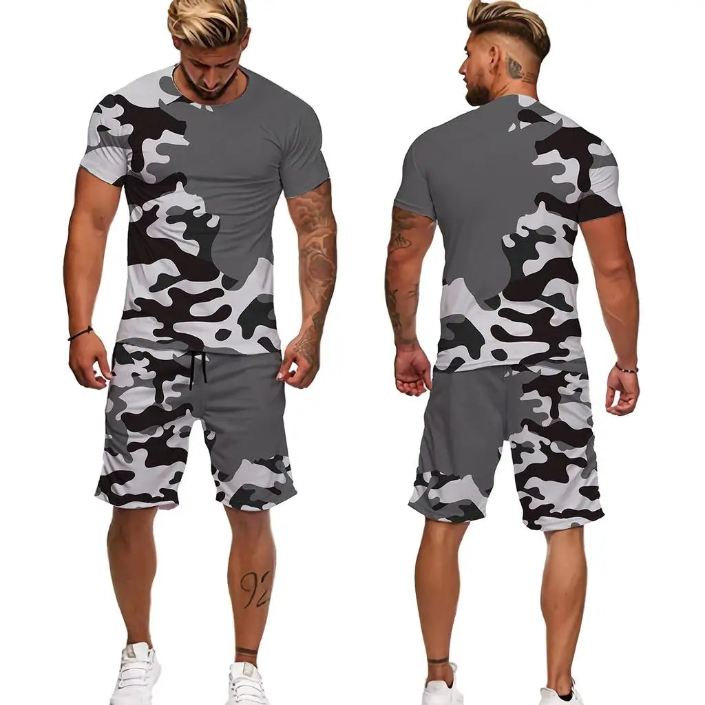 Summer Men Camouflage T shirt Set 3D Print Men's Tracksuit Suit Outdoor Camping Hunting Oversized Casual Tee Shorts 2PCS Outfits