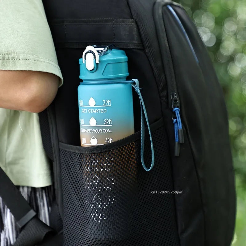 1pc Gradient Sports Water Bottle with Straw & Time Marker for Outdoor Fitness Hiking & Gym Leakproof Travel Water Bottle