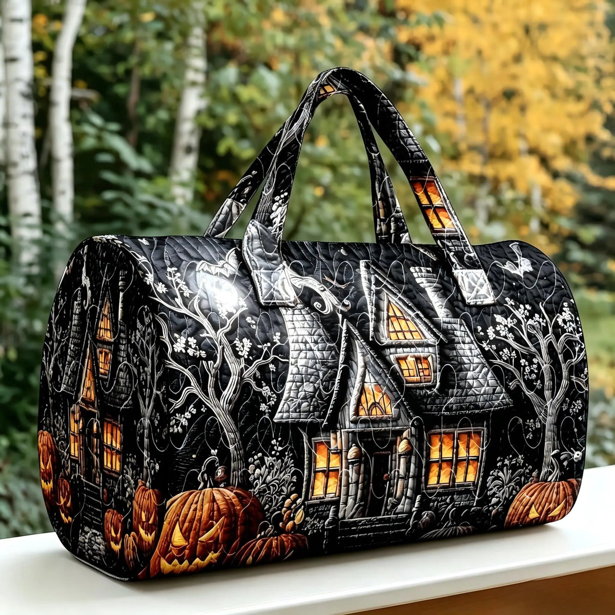 Halloween Quilted Luggage Bag Ghost Castle Weekend Bag Large Capacity Autumn Travel Gym Women's Overnight Short Trip Tote Bag