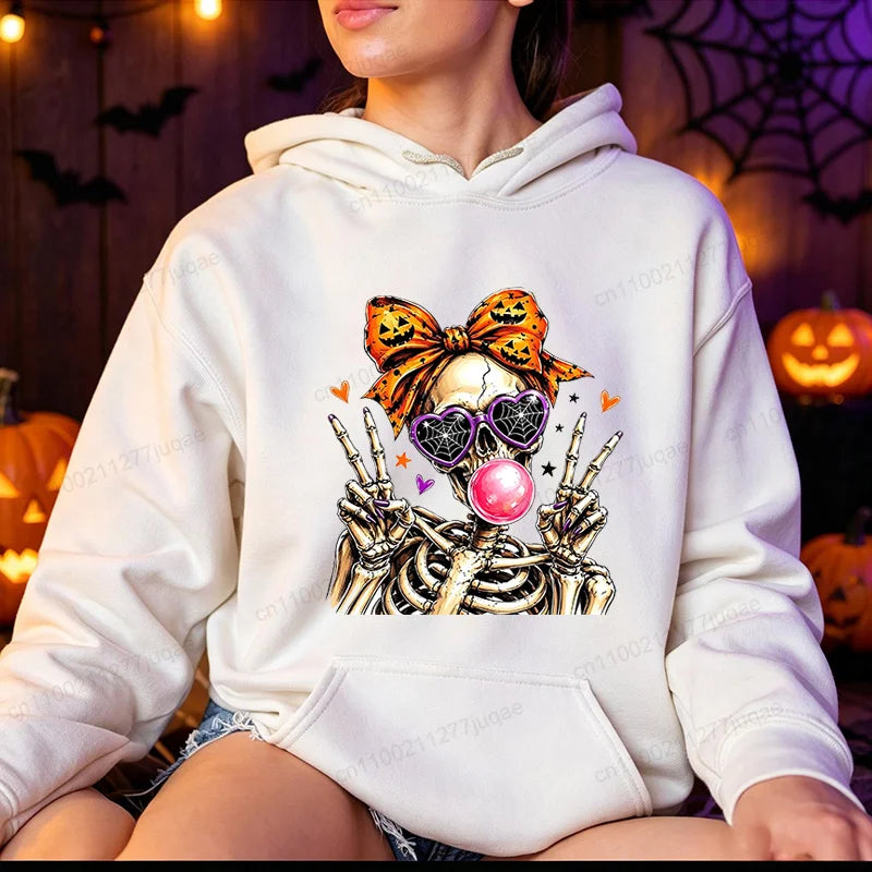 Funny Cute-Skeleton-Halloween Hoodie Skeleton Men Women Vintage Horror Graphic Pullover Sweatshirt Spooky Season Hoodies Gifts
