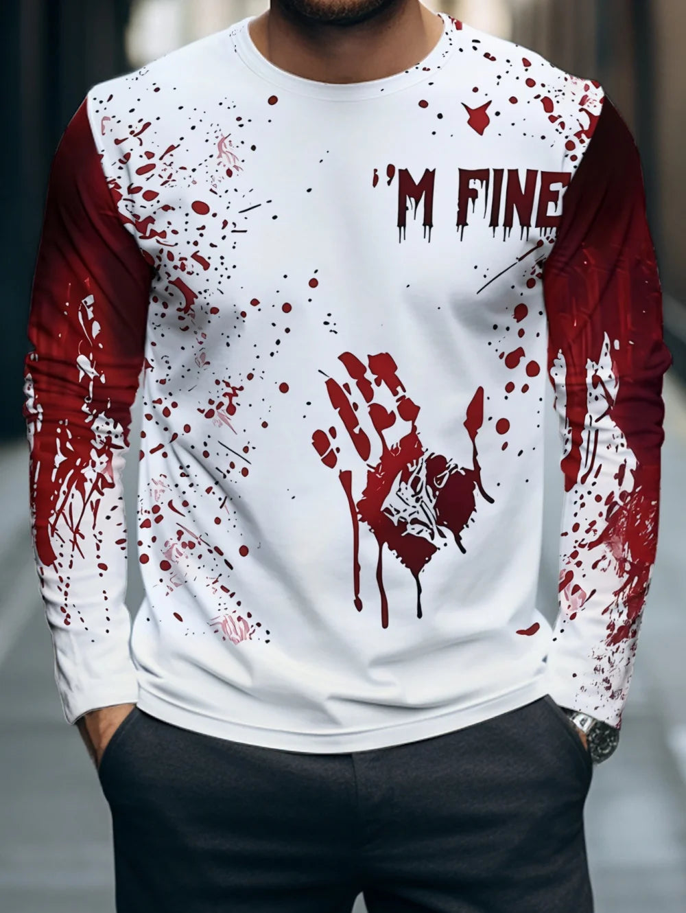Problem Solved Bloody 3D Printed Men's T-Shirts Fashion for Men Horror Halloween Long Sleeve Tops O-Neck T-Shirt Mens Clothing
