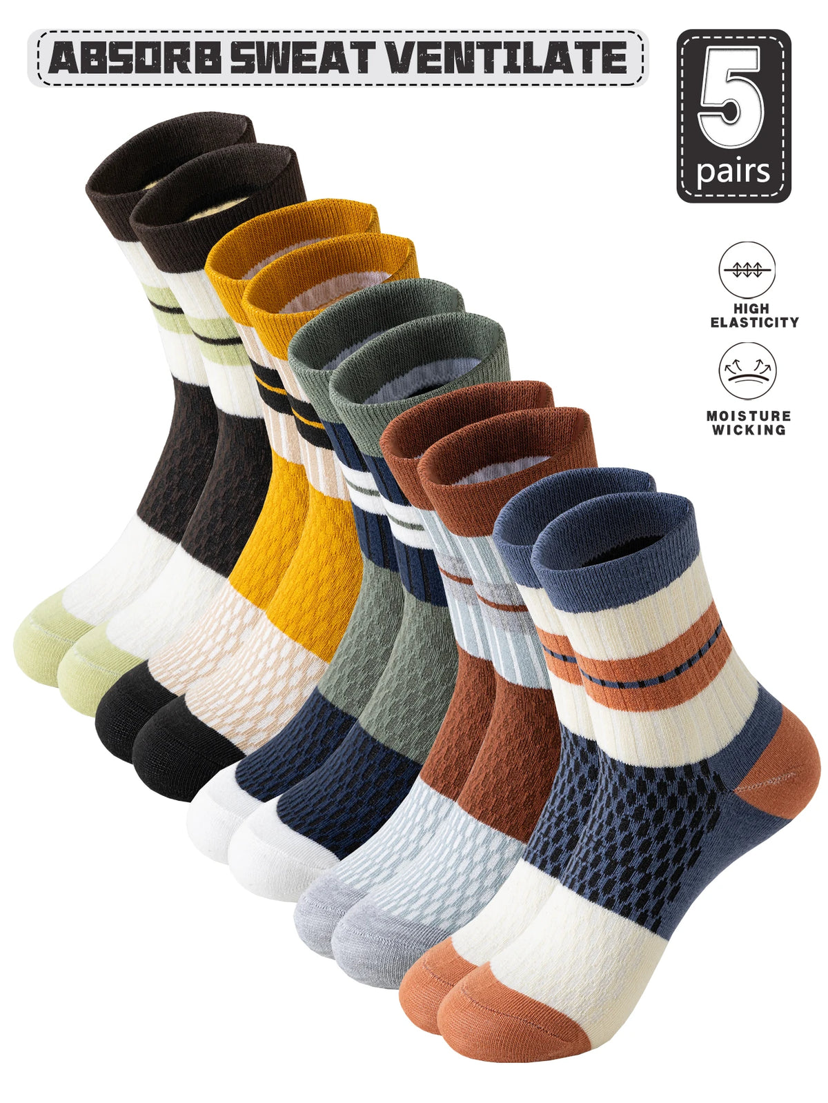 5 Pairs Men's Fashion Casual Striped Cotton Socks Anti-Odor Absorbent Mid-Calf Spring/Summer Regular Thickness Student Socks