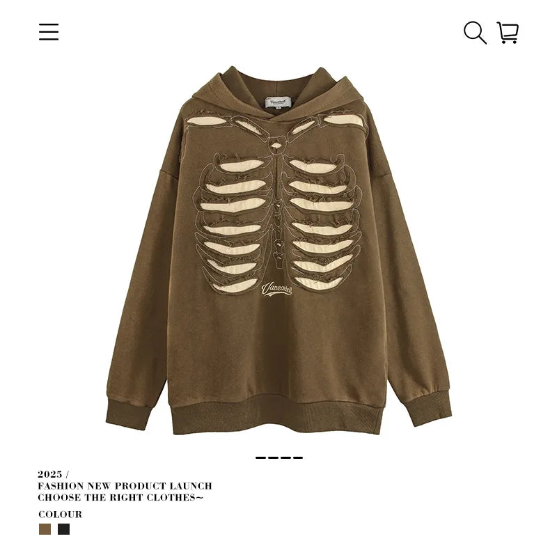 Autumn Winter Ripped Hole Skeleton Design Punk Hip Hop Hoodie Men Women High Street Vintage Oversize Hoodies