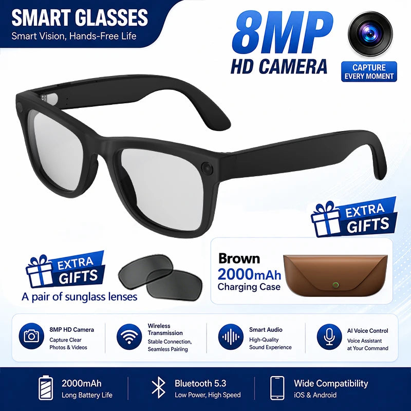New HD5-ultra AI Smart Glasses AI Real-time Translation 800W Pixel Camera Photo Video Recording 300 Mah Smart Glasses 2026