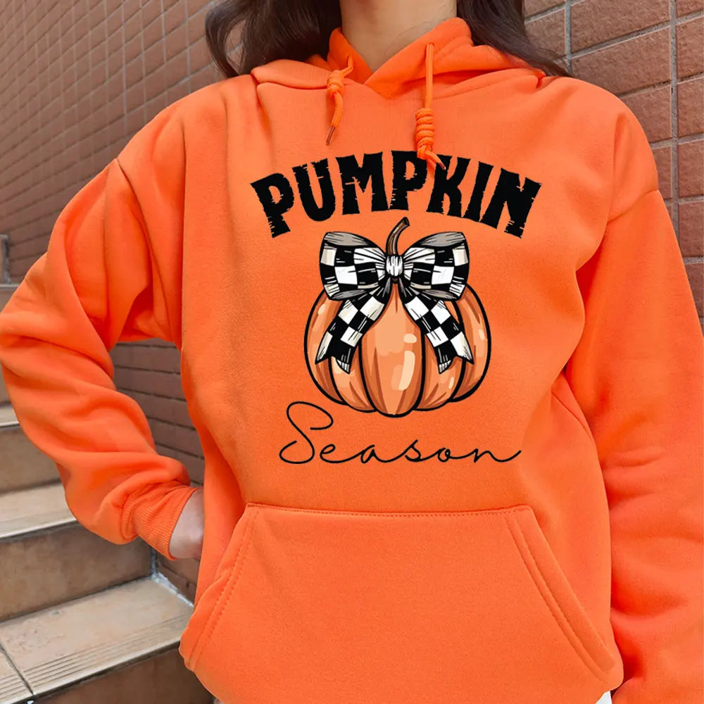 2024 Halloween Orange Hoodie Kawaii Halloween Pumpkin bowknot Women's Hoodie Harajuku Halloween Print Autumn Warm Unisex Hoodie