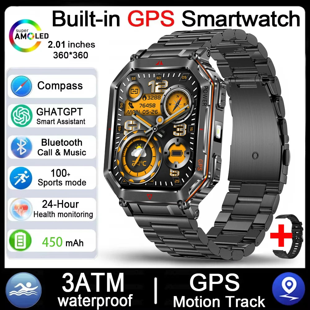 2026 New Men GPS Sports Smart Watch 2.01'' AMOLED Compass Heart Rate 400mAh Battery Bluetooth Call 10ATM Waterproof Smartwatch
