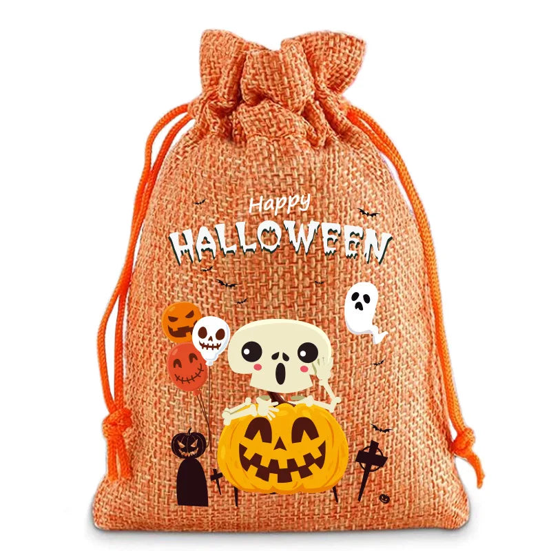 Halloween Burlap Drawstring Bag Linen Drawstring Organizer Gift Bag Trick Or Treat Candy Bag For Halloween Birthday Party Kids