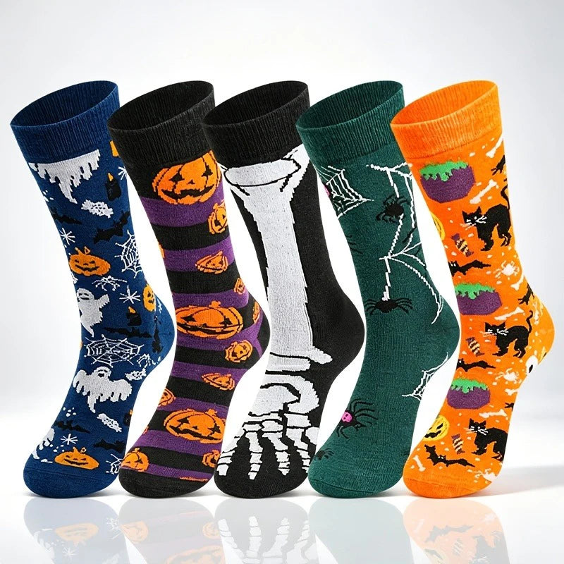 5Pairs Halloween Novelty Socks Men Women Funny Pumpkin Ghost Skeleton Spider Cat Print Mid‑Calf Socks Holiday Party Cosplay Sock