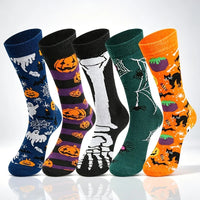 5Pairs Halloween Novelty Socks Men Women Funny Pumpkin Ghost Skeleton Spider Cat Print Mid‑Calf Socks Holiday Party Cosplay Sock
