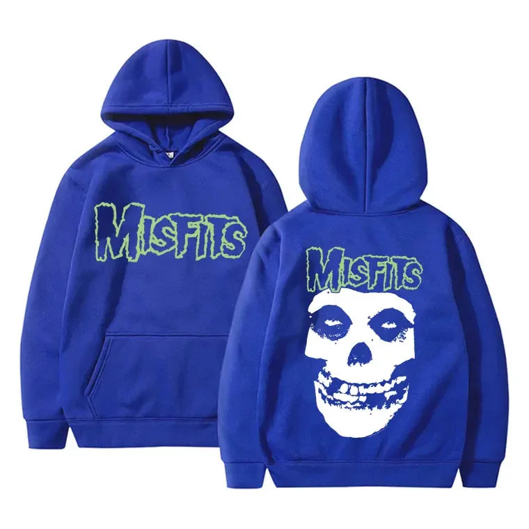 2025 Horror Punk Misfits Skull Graphic Print Hoodie Men Gothic Vintage Loose Fleece Cotton Hooded Sweatshirt Rock Style Pullover
