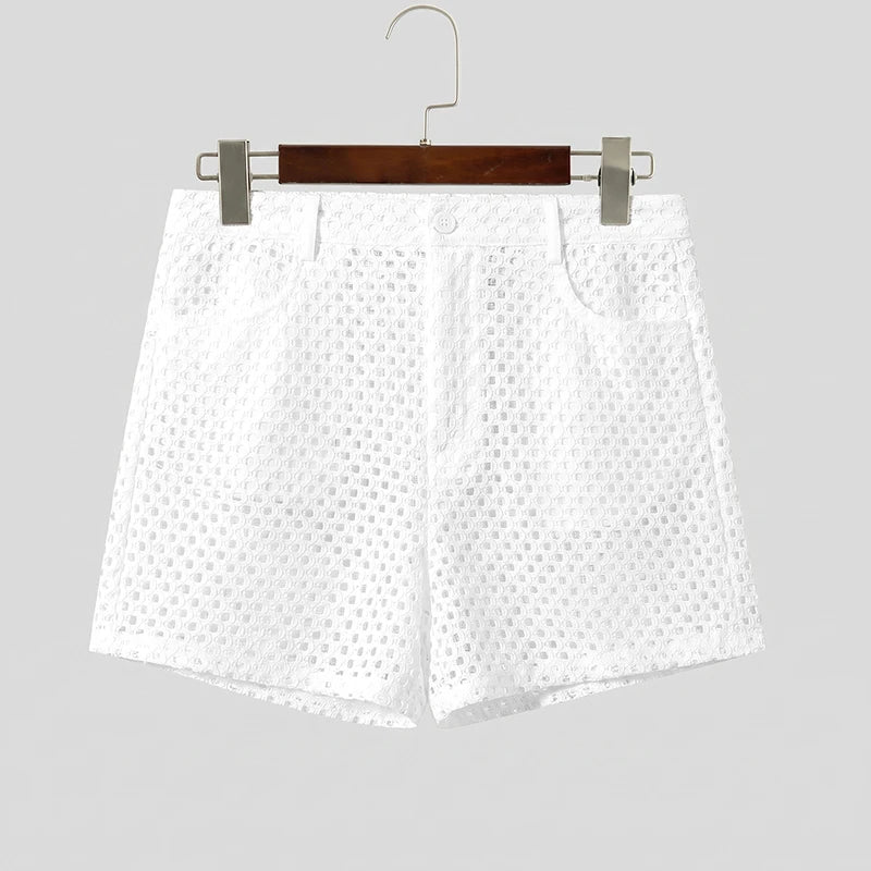 INCERUN Men's Shorts Solid Color Button Hollow Out Mesh See Through Men Bottoms Summer Streetwear Fashion Casual Shorts For Man