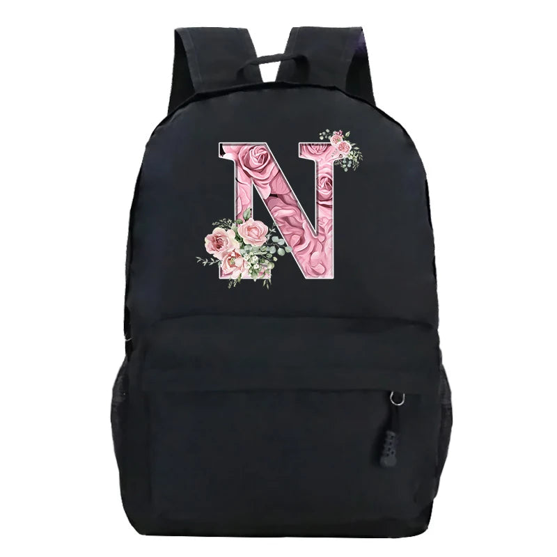 Pink Rose Alphabet Backpack Black Casual Women Aesthetics Rucksack Teenage Girl Boy Flower Letter School Bag Student Mochilas