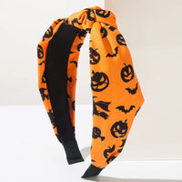 Women Halloween Cosplay Knotted Padded Headband Pumpkin Spider Bat Print Wide Hair Hoop Trick or Treat Hair Accessories