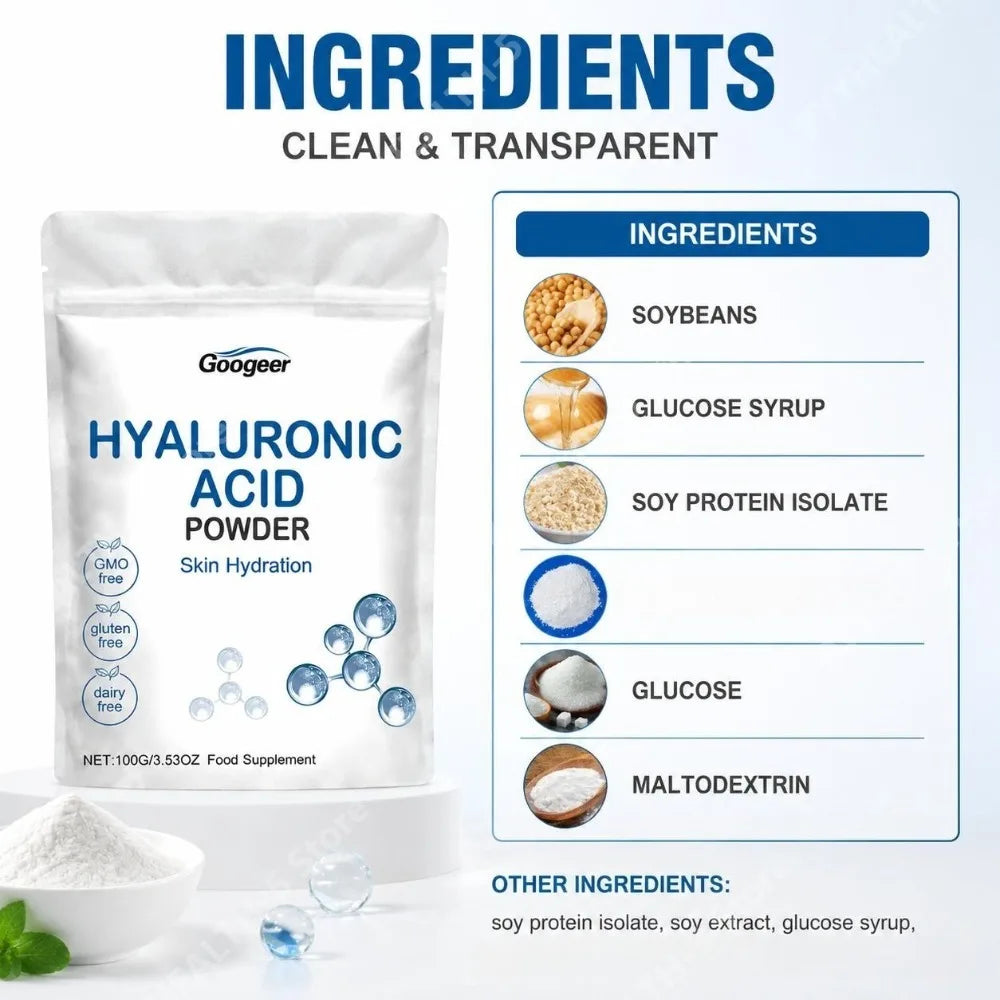 Googeer Hyaluronic Acid Powder for Skin Hydration and Deep Moisturizing, GMO Free Gluten Free Daily Beauty Wellness Support 100g