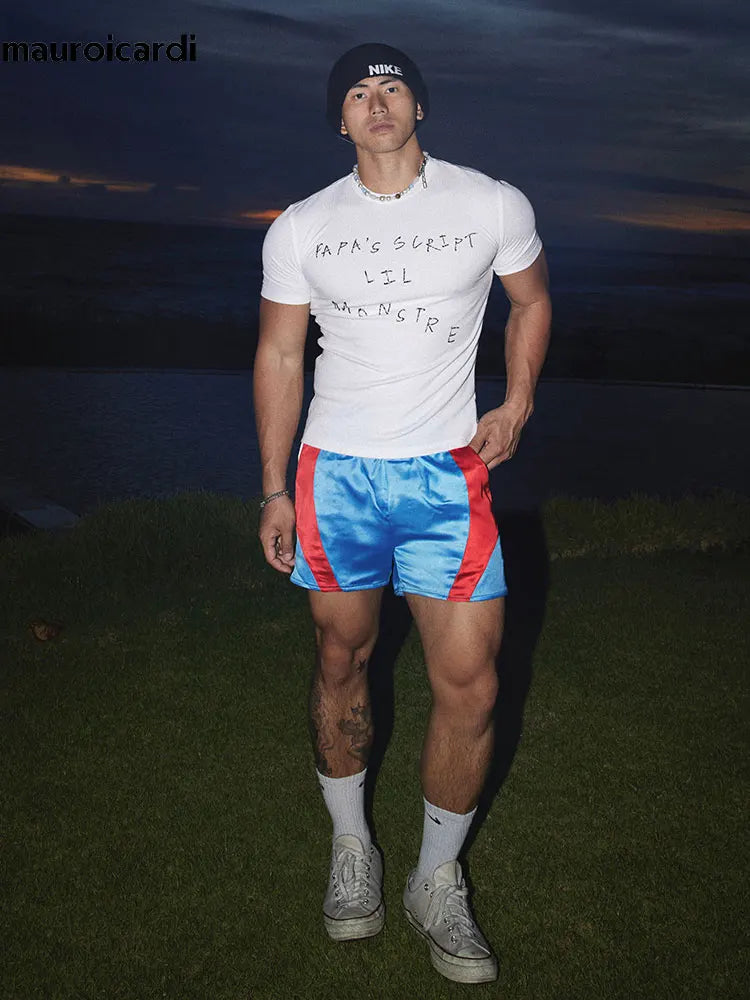 Mauroicardi Spring Summer Color Block Patchwork Satin Shorts for Men High Waist Luxury American Retro Pants Menswear Clothing