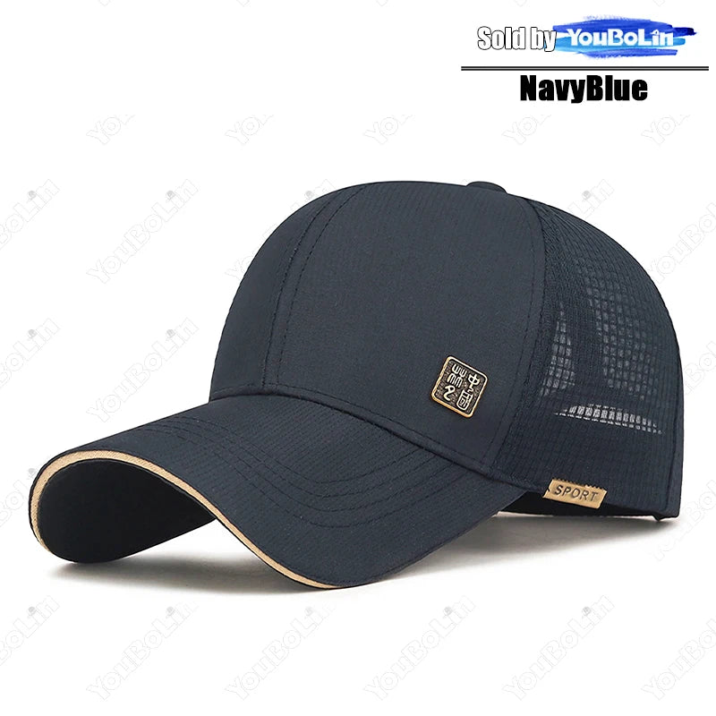 New Unisex Hard-Top Chinese Style Metal Label Mesh Baseball Cap Classic Outdoor Casual Sports Sun Hat Trucker Hats Dad Caps