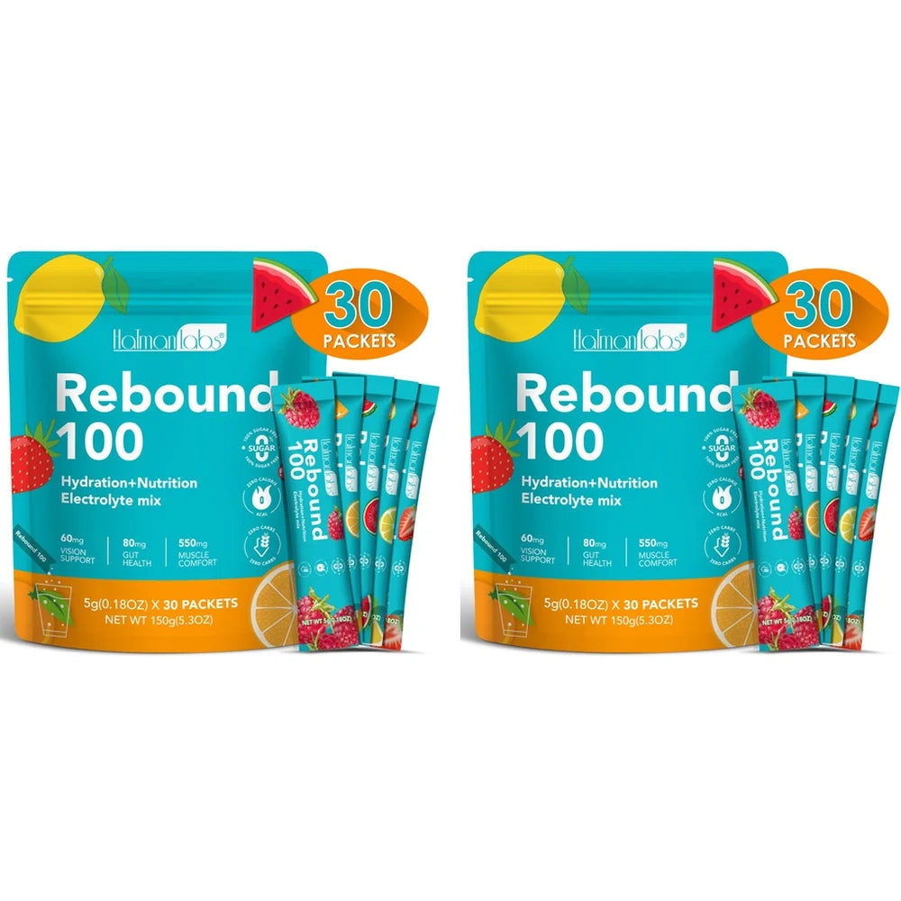 HalmanLabs Rebound 100 Electrolyte Mix Powder Packets Vitamins C B6 B12 Lutein For Hydration Gut Vision Muscle Adult 30 Count