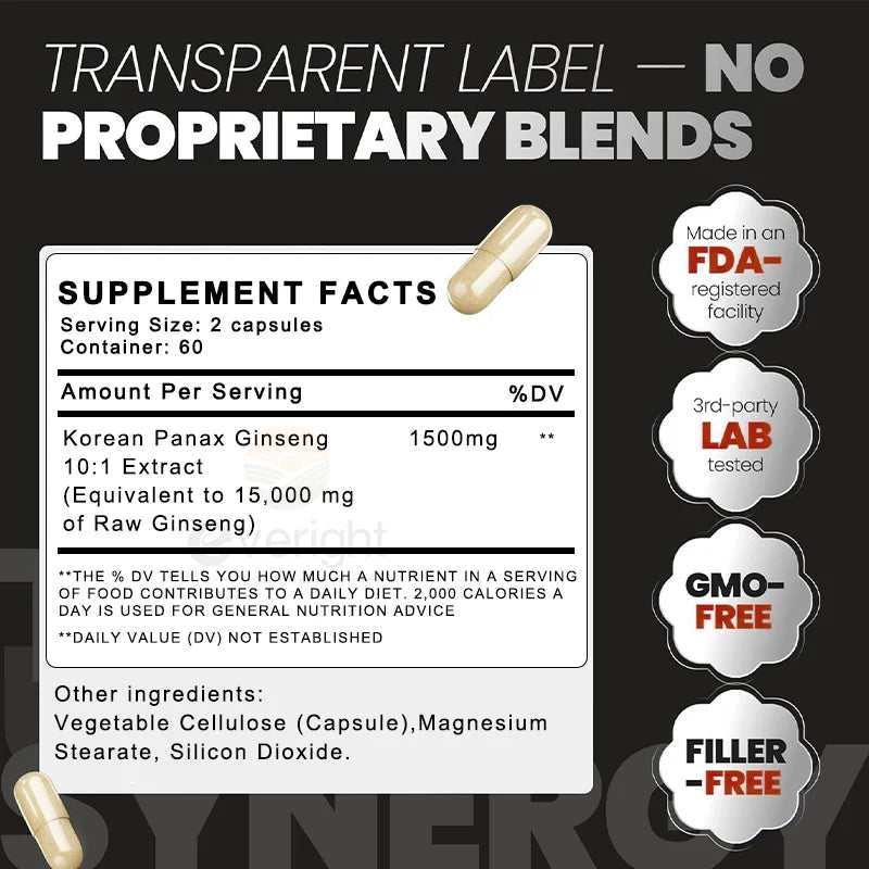 Red Korean Ginseng Supplement for Men - Extra Strength 10:1 Extract - Energy, Focus, Productivity, Performance - Natural & Vegan