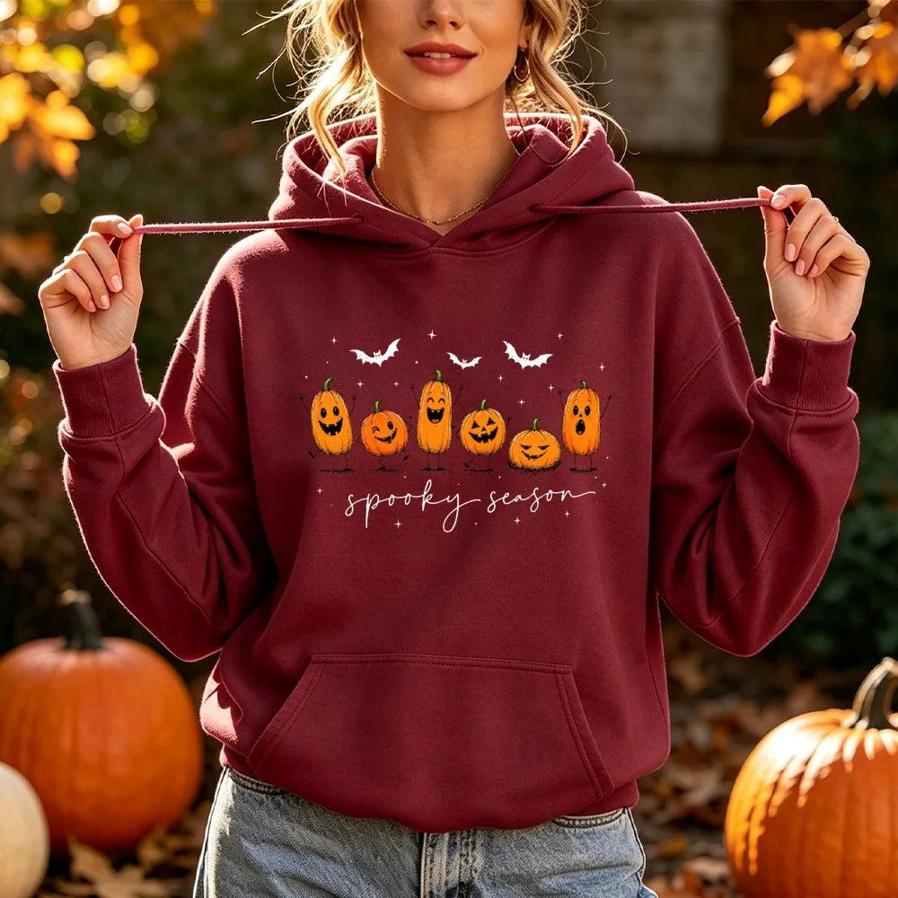 Spooky Season Cute Pumpkin Jack O Lantern Print Hoodie Women Halloween Fall Autumn Funny Graphic Long Sleeve Pullover Top
