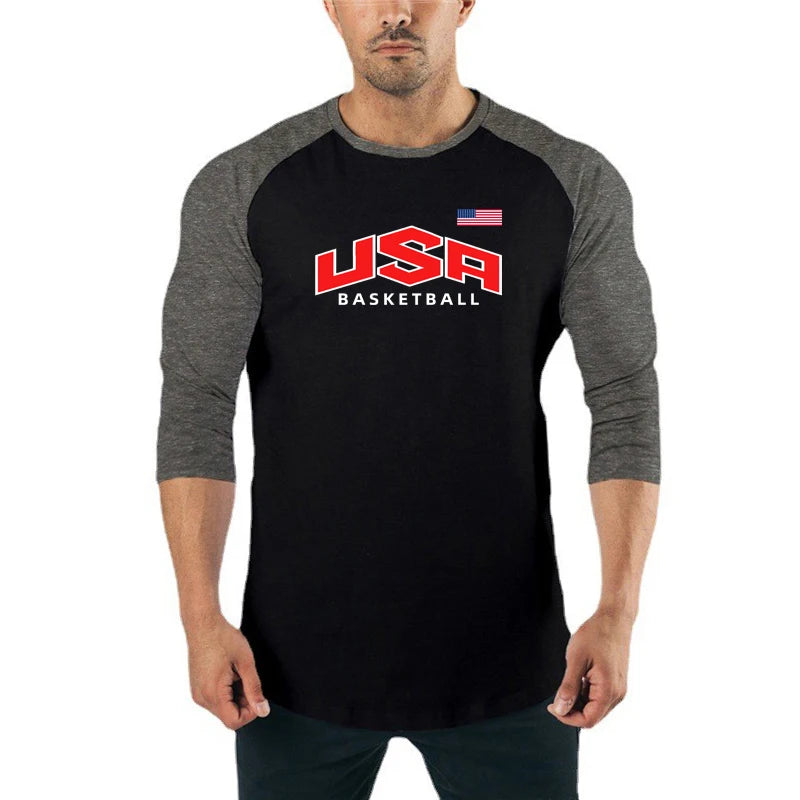 Autumn and Winter Cotton Patchwork Breathable Sweat-wicking Tops Men's Fitness Casual T-shirt Running Training Short Sleeves