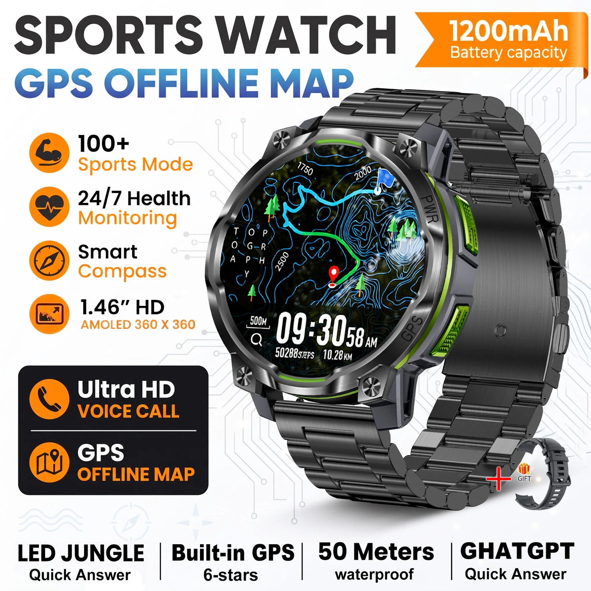 New Technology 2026 Offline Map GPS Smart Watch Men 1200mAh Battery Waterproof Compass Altimeter 100+Sports Military Smart Watch