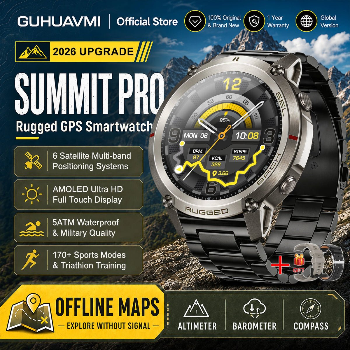 2026 New Google Maps Smart Watch GPS Route Tracking Offline Map Compass Fitness Tracker BT Call Rugged Outdoor HD Smartwatch Men