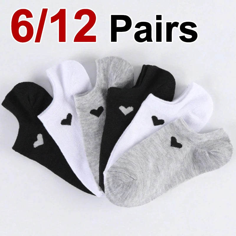 6/12 Pairs Solid Color Heart-Shaped Printed Women Short Socks Summer Breathable Soft Comfortable Simple Style Casual Socks