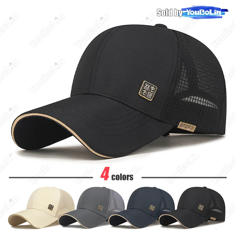 New Unisex Hard-Top Chinese Style Metal Label Mesh Baseball Cap Classic Outdoor Casual Sports Sun Hat Trucker Hats Dad Caps