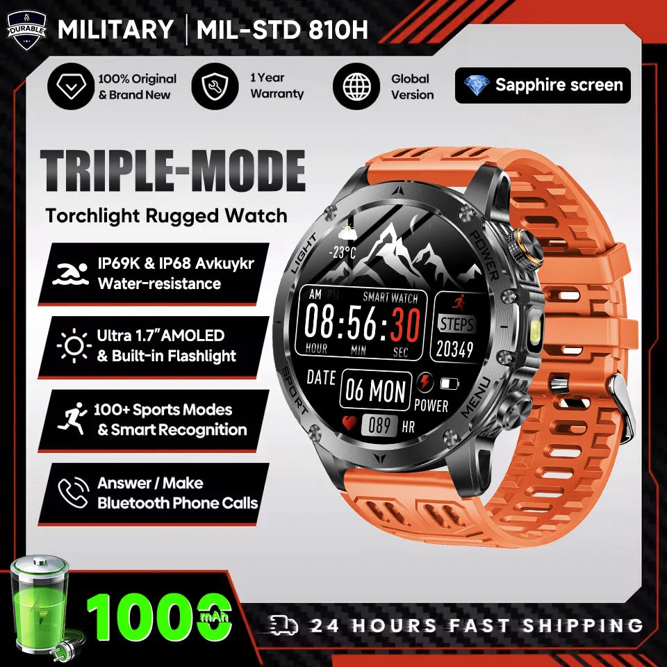 New Outdoor Original Men Sports Smart Watch 1000mAh Big Battery GPS 10ATM Waterproof Bluetooth Call Flashlight Adult Smartwatch