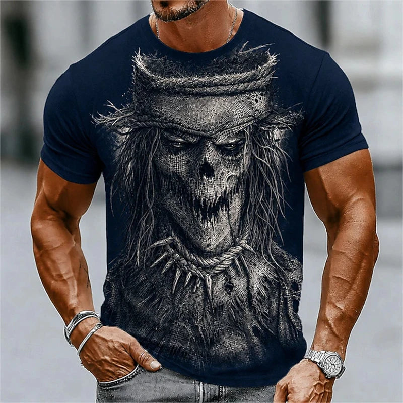New Men's Halloween Crew-Neck Short-Sleeve T-Shirt Soldier Skull Blood Splatter Print Casual Streetwear Holiday Party Top