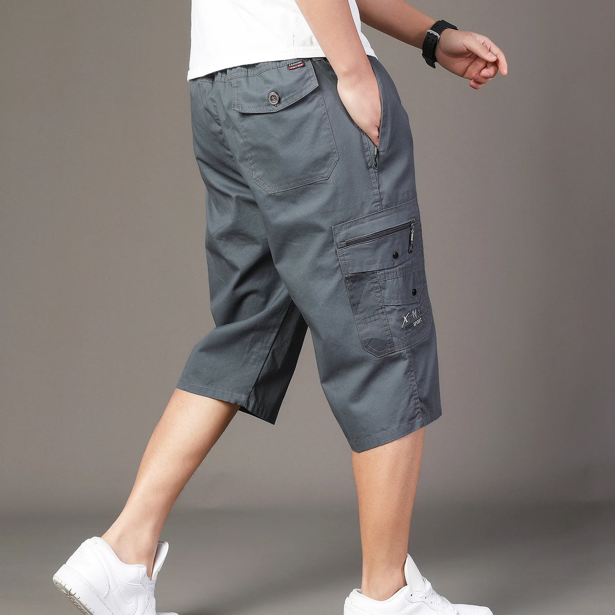 Loose Cargo Shorts Outdoor Hiking Man Keen Length Summer Cotton Breathable Elastic Waist Short Pants Drawstrring 3/4 Cargo Pants