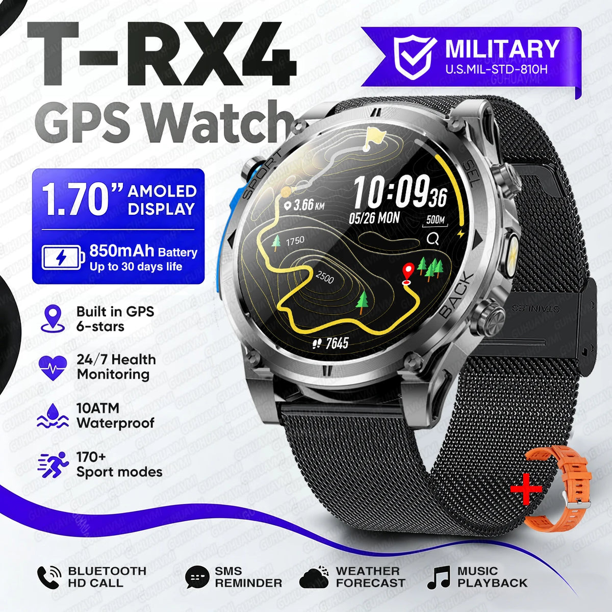 2026New Military T-RX4 Built in GPS Outdoor Smart Watch 10ATM Waterproof Compass  850mAh Battery 1.7”AMOLED Sports Fitness Clock