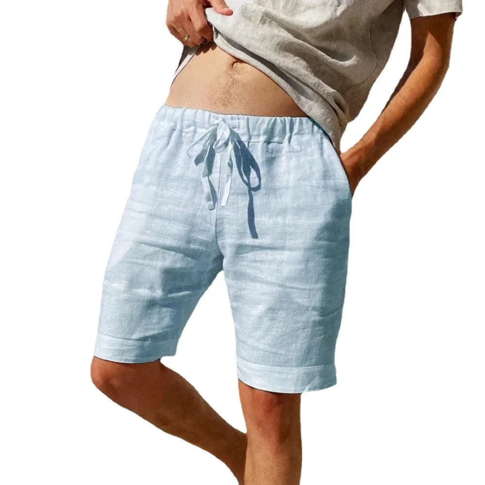 Summer New Men's Cotton Linen Breathable Shorts Hawaii Beach Pants Male Solid Color Trousers Loose Versatile Streetwear