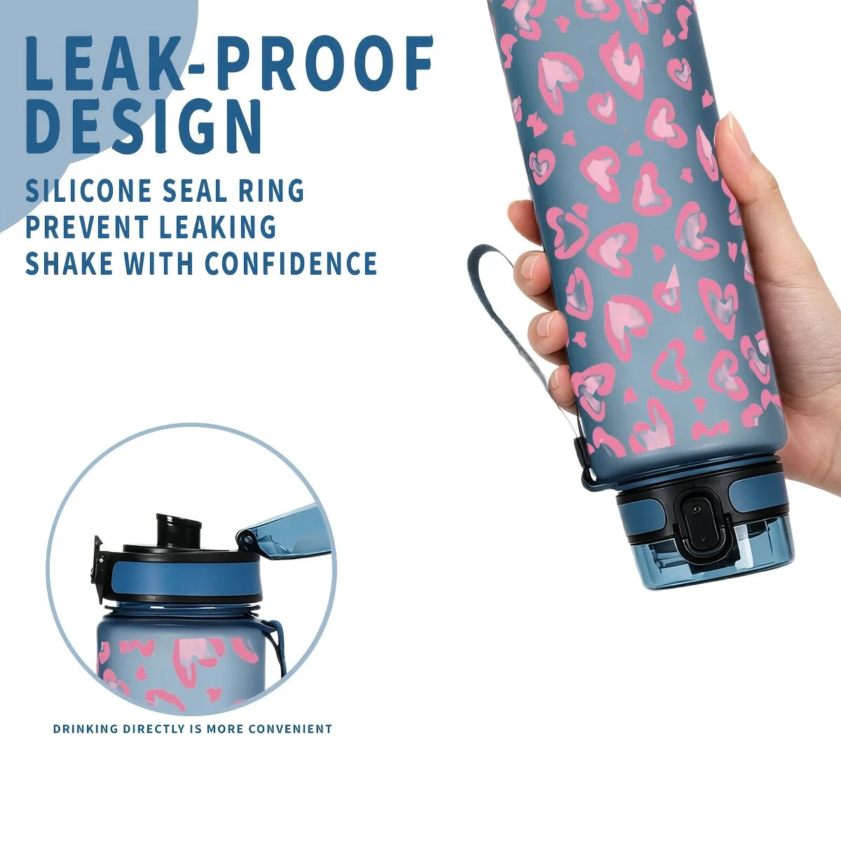 1Pc 750ml Heart Print Water Bottle, Leakproof Flip Top Sports Bottle with Lanyard, Portable Travel Gym Drinking Cup for Women Gi