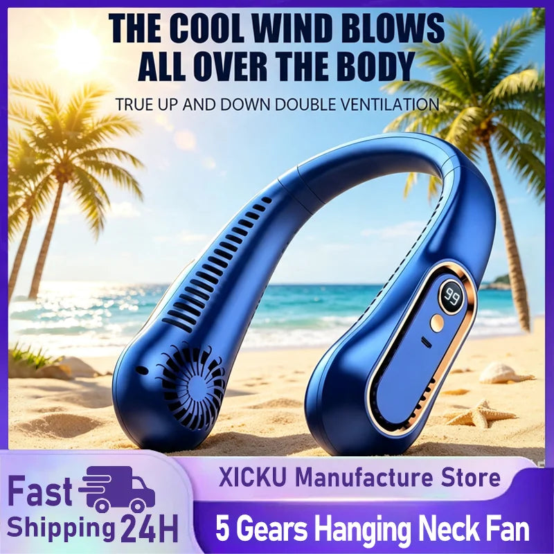 Neck Bladeless Fan Mini Ultra Long Life Portable Lazy Silent Fan USB Charging Student Sports Office Digital Display Power 5 Gear