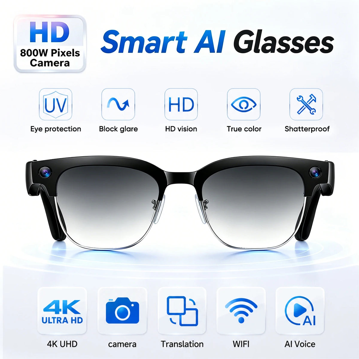 2026 New 4K HD 800W Camera Smart AI Glasses Video Photo Recognition AI Translation Chat GPT Hands-Free Calling Smart Sunglasses