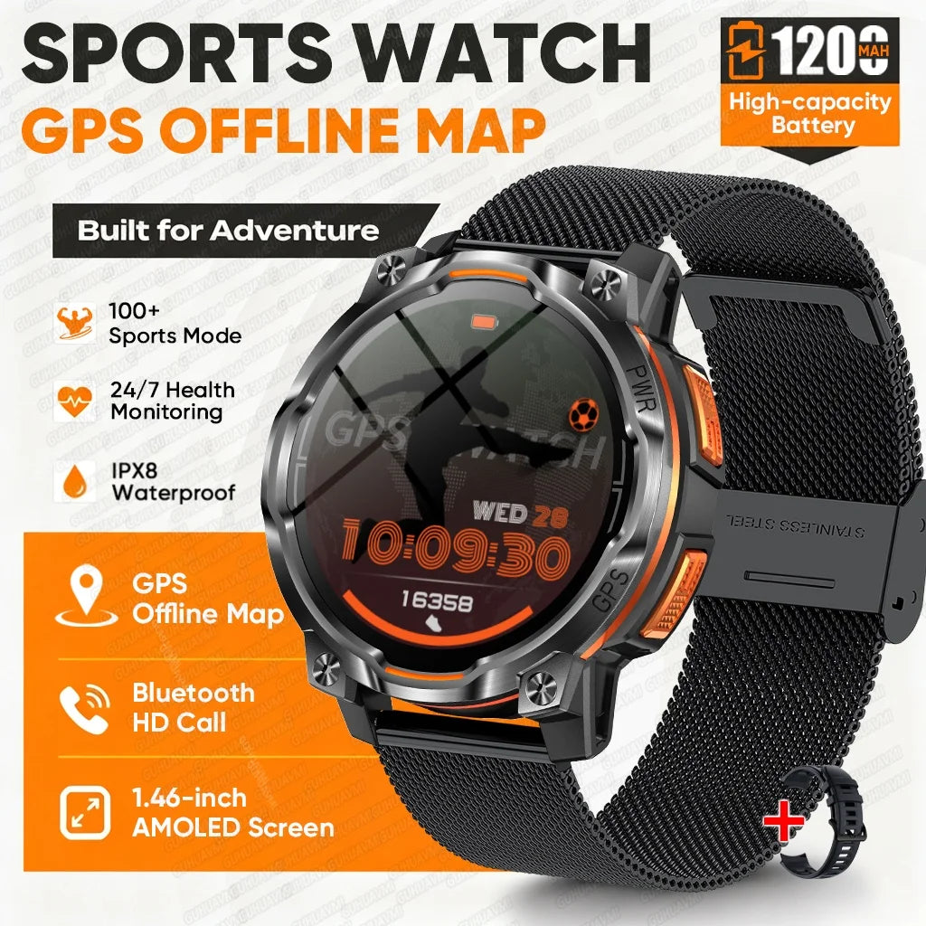 2026 New GPS Offline Map Smart Watch Men 1200mAh Battery IPX8 Waterproof Compass Altimeter  Flashlight Bluetooth Call Smartwatch