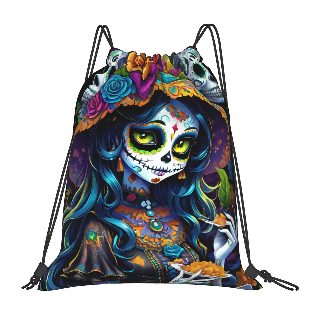 Custom Day of the Dead Retro Style Ideal Gift Halloween Drawstring Backpack Sports Gym Bag for Women Men  Training Sackpack