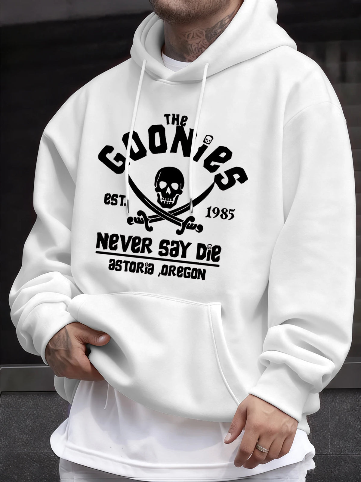 Distressed Goonies Never Say Die Mens Sweatshirt Fashion Casual Hoodies Soft Loose Pullovers Fleece Autumn Unisex Clothing