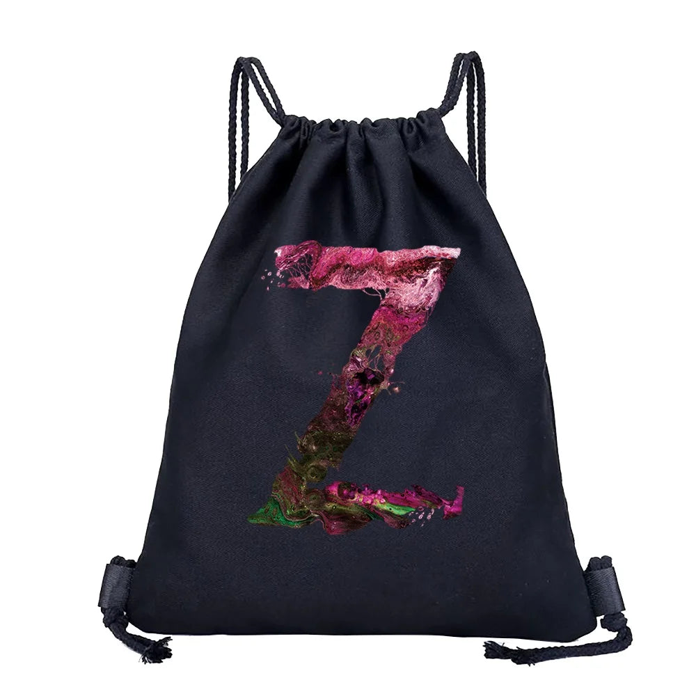 26 Initials Print Drawstring Bag Backpack Men and Women Beach Sports Travel Backpack Kid Gift Supplies Bag Portable Sundries Bag