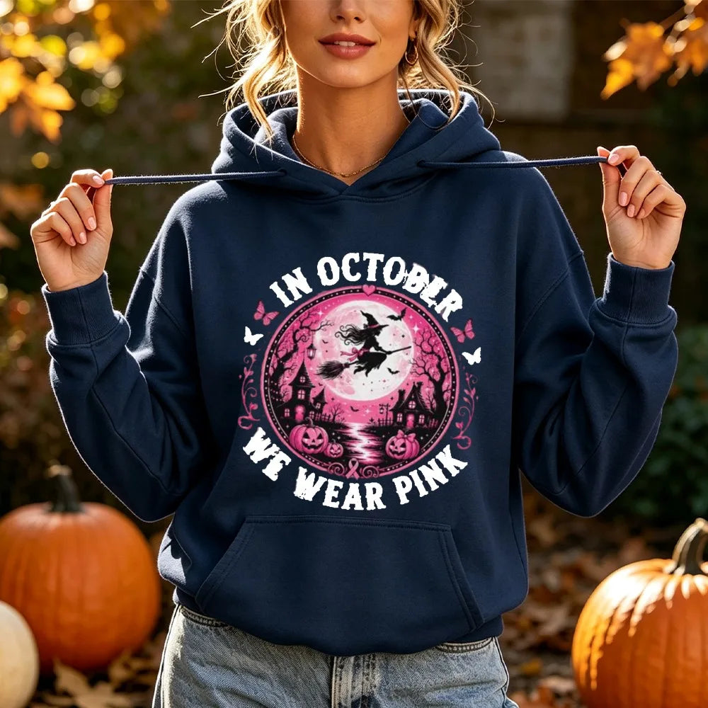 In October We Wear Pink Print Hoodie Halloween Witch Graphic Pullover Pink Ribbon Survivor Support Long Sleeve Blouse Hoodies