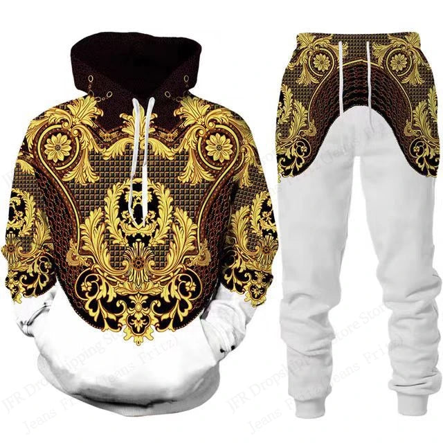 Mens Two Piece Hoodie Pant Sets Golden Pattern 3d Print Sets Men Women Fashion Hoodie+Pant 2 Piece Suit Sports Tracksuit Comfort