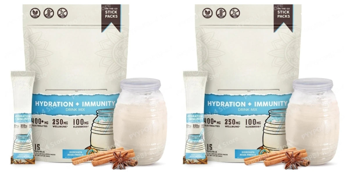 Hydration Packets + Immunity Electrolytes Powder Horchata - Agua Fresca Drink Mix Elderberry Low Calorie Non-GMO 15 Servings
