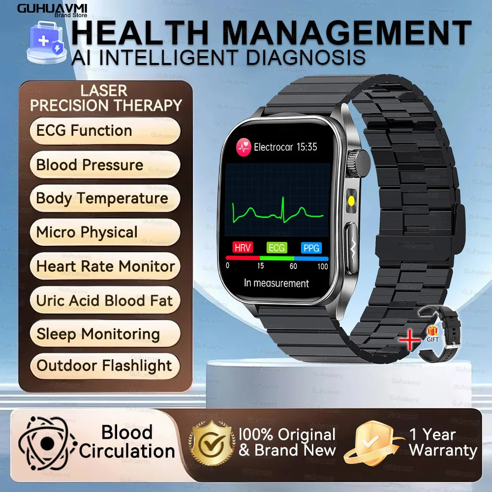 2026 New Health Smart Watch Laser Therapy Reduce Three Highs Blood Oxygen Pressure Uric Acid Blood Lipid ECG Smartwatch For Man
