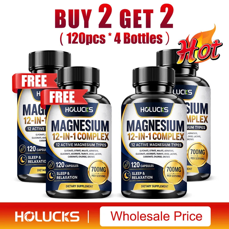 Magnesium 12-IN-1 Complex Capsules - Bone & Heart Health Supplement, Sleep Support,Muscle Relaxation,Stress & Anxiety Relief