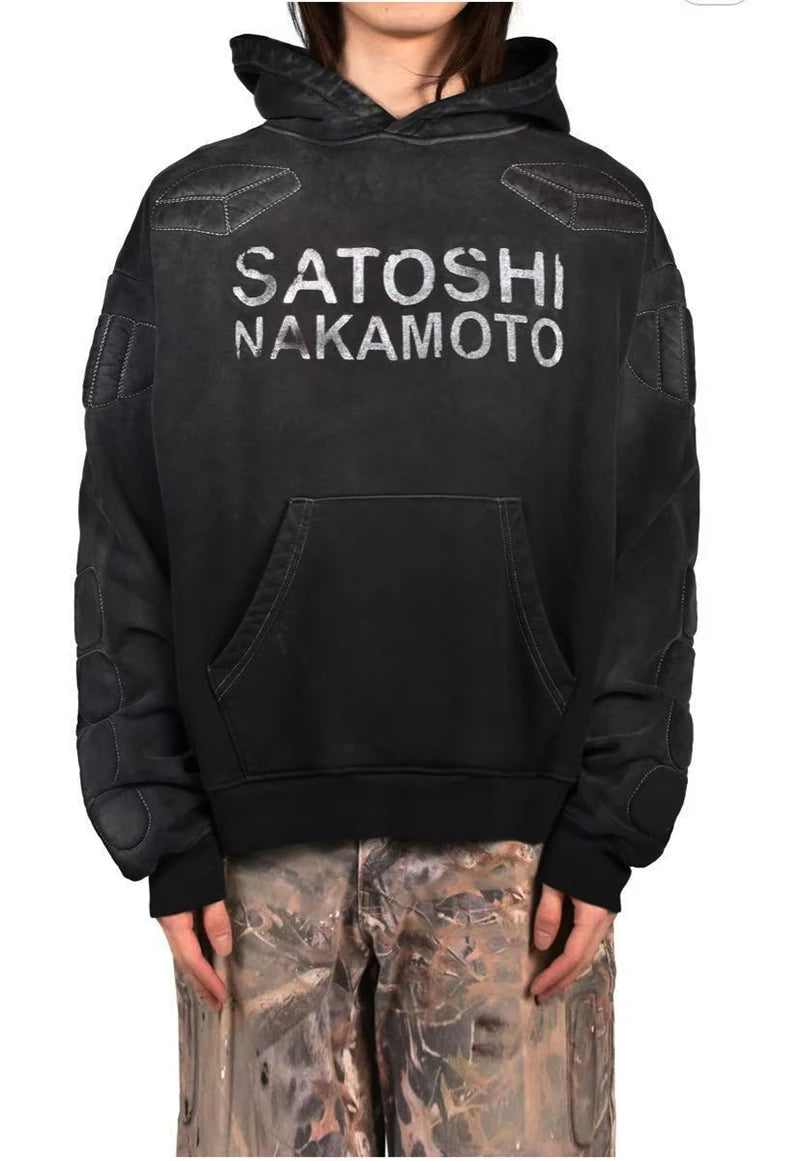 Street Casual SATOSHI Hoodies Pullover Embossed Pattern Embroidery Turtle Shell Design Washed Hooded Men Women Loose Sweatshirts