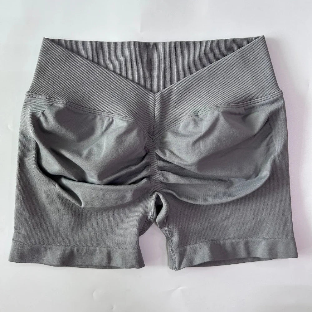 No Logo Women Back V Waist Yoga Shorts High Elastic Seamless Flex Scrunch Bum Workout Gym Shorts Yoga Booty Running Short Pants