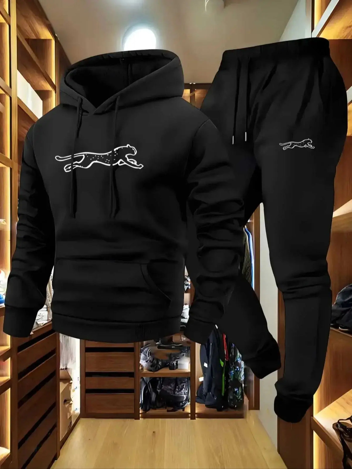 Men's Hooded Sweatshirt and Sweatpants Set Casual Long-Sleeved Leopard Print Hooded Style Pocket Comfortable Streetwear Style