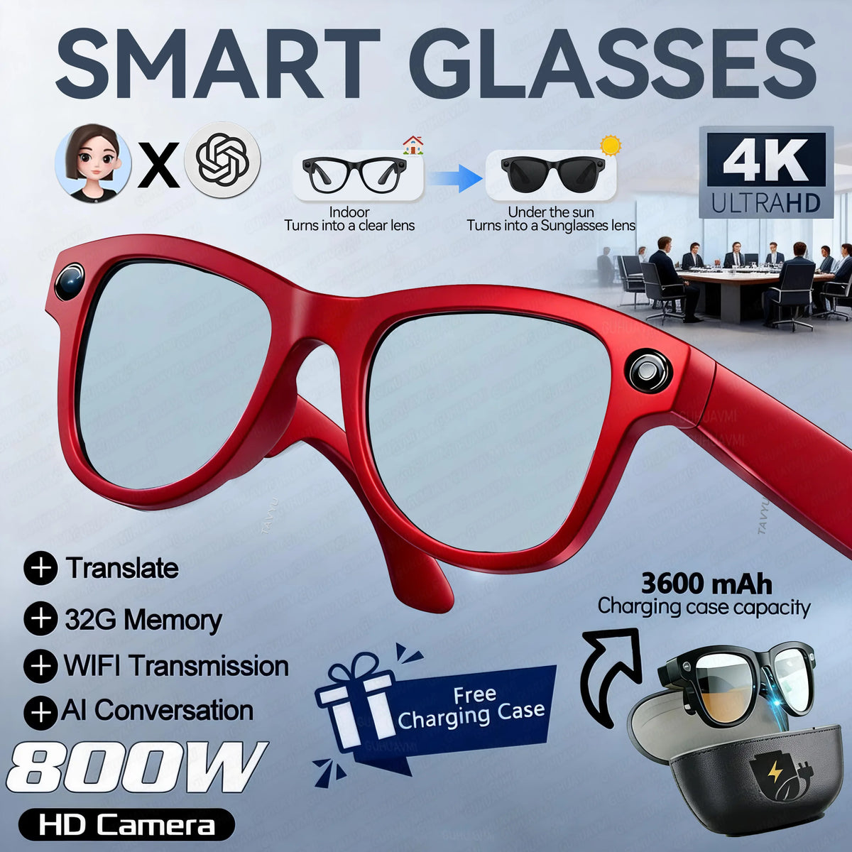 New 8MP HD Anti-shake Camera 3600mAh Charging Case Smart Glasses Women Photography Video Recording Translation AI Chat Glasses