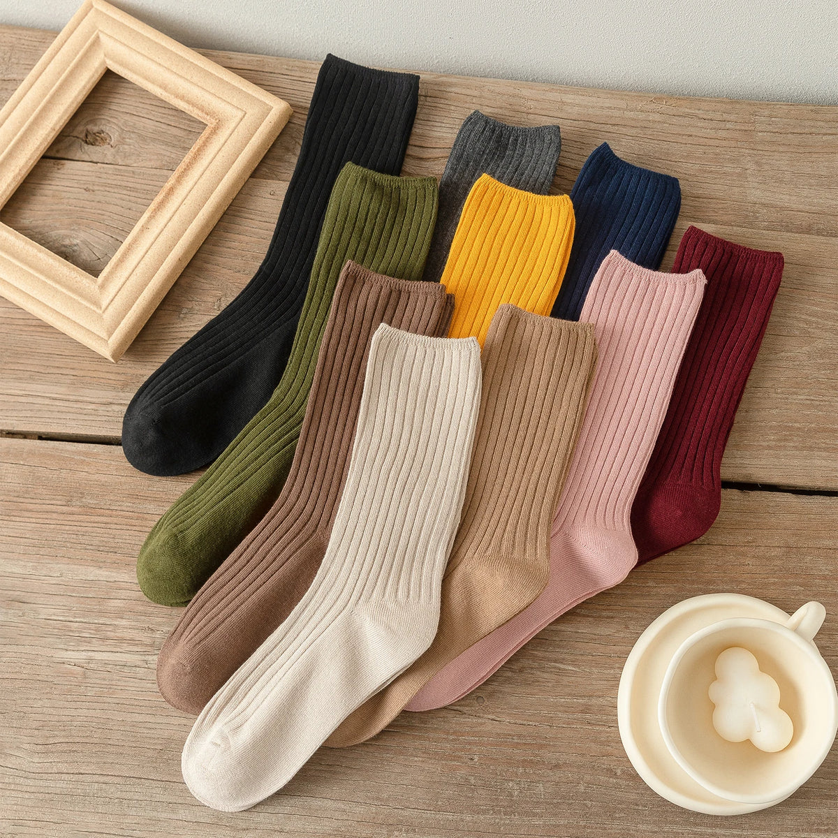 10Pairs Retro Women Cotton Loose Socks Autumn Winter Knitting Solid Color Long Black Korean Japanese Student Girls